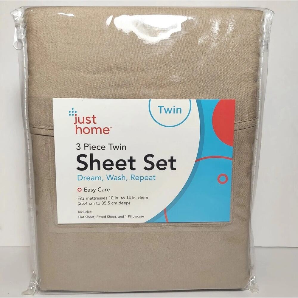 JUST HOME 3-Piece Tan Twin Sheet Set, Poly Microfiber, Light Brown, Solid